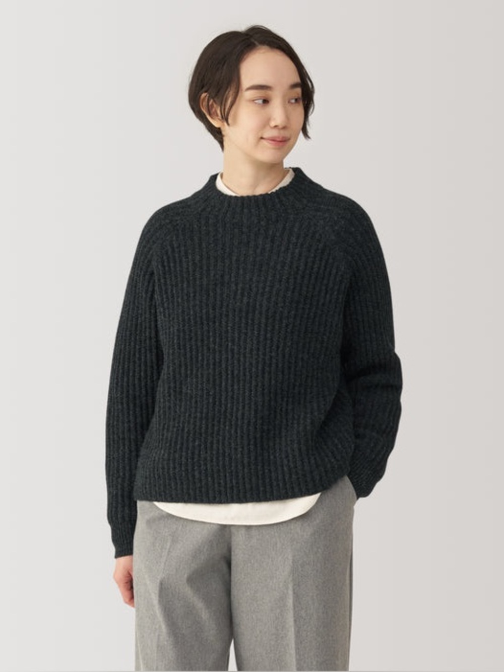 Muji Andes Wool Mock Neck Sweater Dark Grey Thick Rib Knit Minimal Pullover